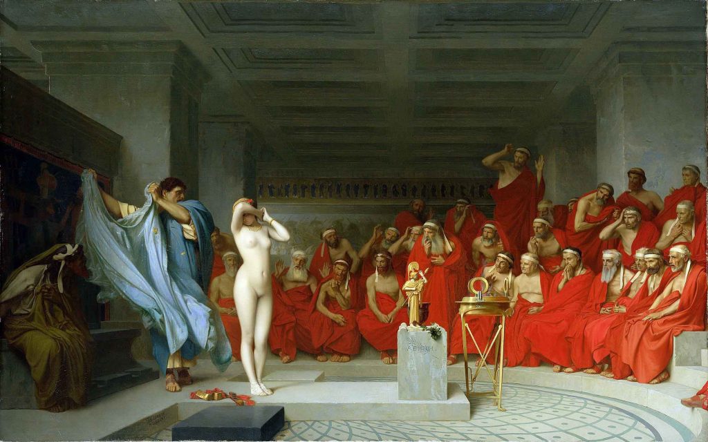 La más hermosa de las cortesanas griegas, Friné, es desnudada en pleno juicio como parte de su defensa.. La obra, “Friné ante el areópago”, fue creada en 1861 por el pintor francés Jean-Léon Gérôme .