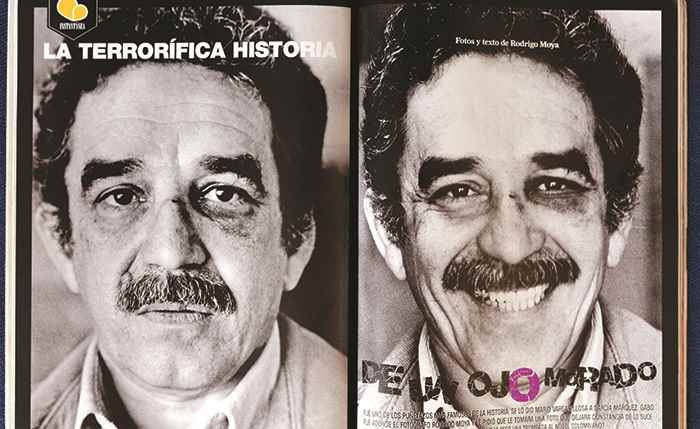 Estas son las famosas fotografías de Gabo y su ojo morado, publicadas en edición 149 de la revista Soho, de Colombia. Fue él mismo quien le pidió a su amigo fotógrafo Rodrigo Moya que se la tomara dos días después del incidente. Moya tampoco pudo saber la razón de aquella trompada y compartió la foto 30 años después de aquel día.